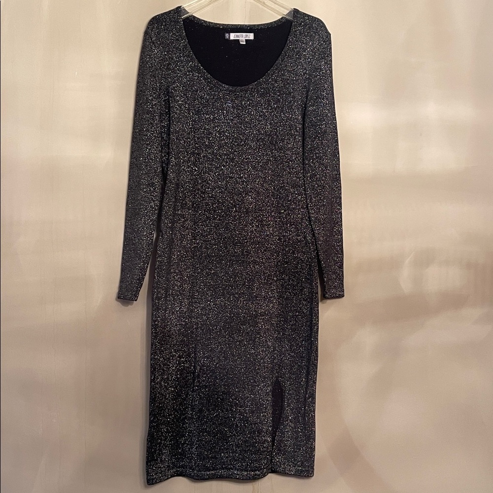 JENNIFER LOPEZ Black/Silver Metallic Midi Dress